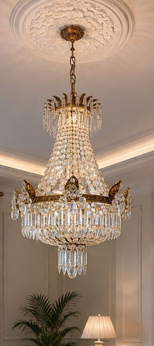 Lustre Antigo de Cristal com Estrutura em Bronze/Latão