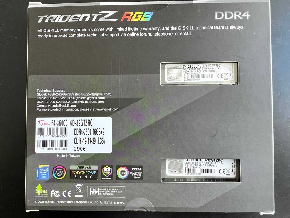 Memórias DDR4 G. Skill 32 Gb (2x16Gb) 3600 CL16,  F4-3600C16D-32GTZRC - Novas em caixa selada