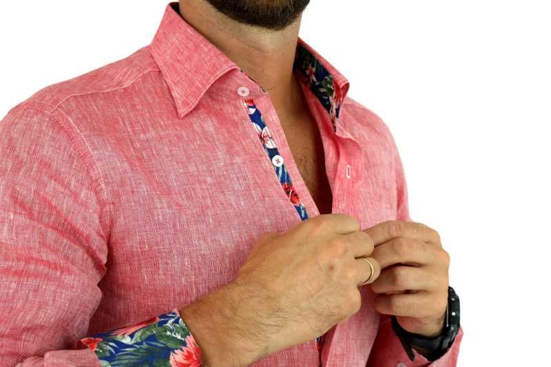 GIOVANNI PERA Koszula Męska GPL3 Czerwona LEN, Wykończenie Kolorowe