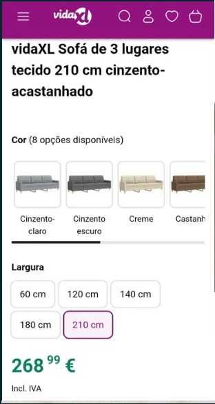 Sofá de 3 lugares tecido 210 cm cinzento-acastanhado