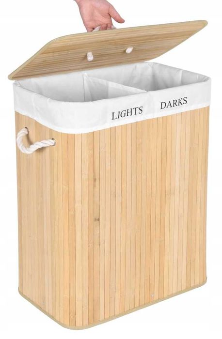 Duży Kosz Bambusowy na Pranie 100L Organizer Dwukomorowy Loft