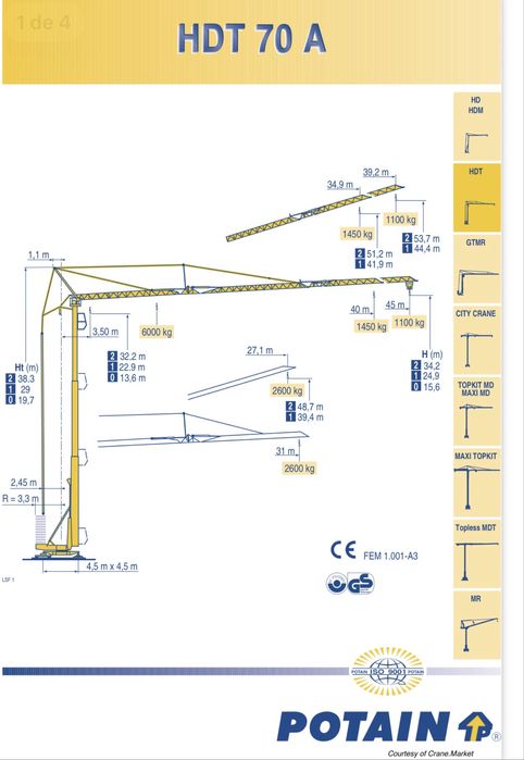 Grua automentante potain hdt70 -45m