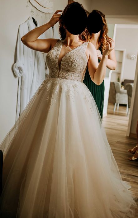 Suknia ślubna boho glamour, biała/beż/brzoskwinia +welon