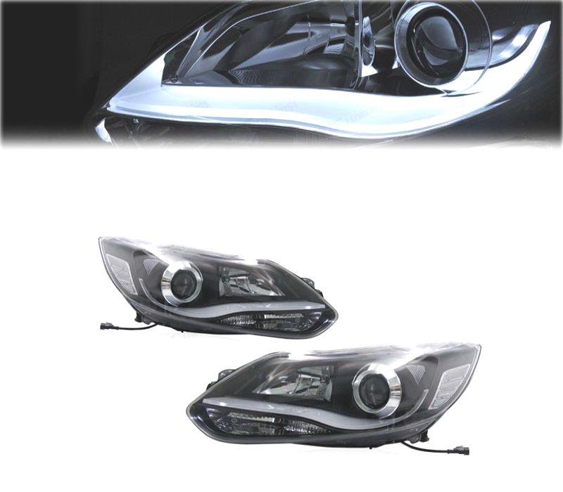 FARÓIS FRONTAIS FORD FOCUS 11-14 TFL FUNDO PRETO