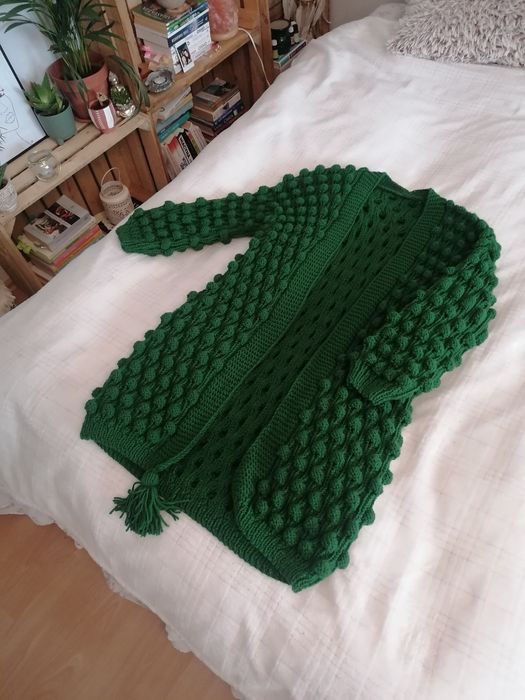 Zielony popcorn sweter ręcznie robiony na drutach Handmade M L