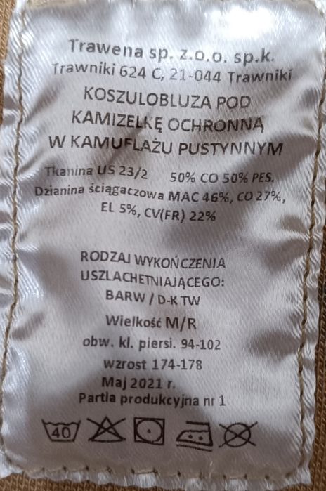 Koszulobluza pod kamizelkę ochronną - combat shirt rozmiar M/R