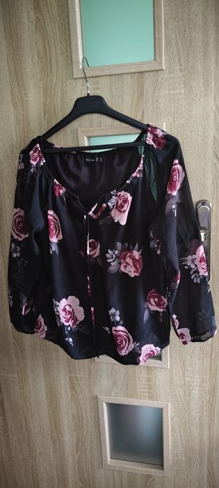Bluzka damska długi rękaw cienka czarna Bodyflirt kwiaty 40 L