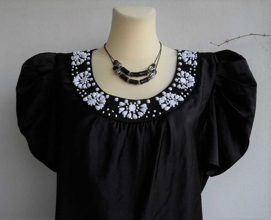 Debenhams Efektowna Satynowa Bluzka Koraliki Bufiasty rękaw r.48