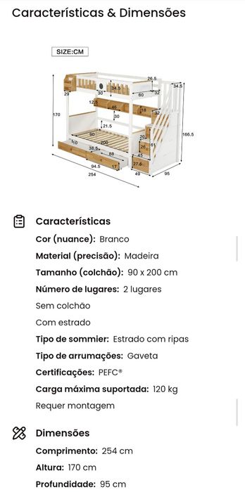 Beliche com escadas, 6 gavetas e 2 colchões — apenas 7 meses