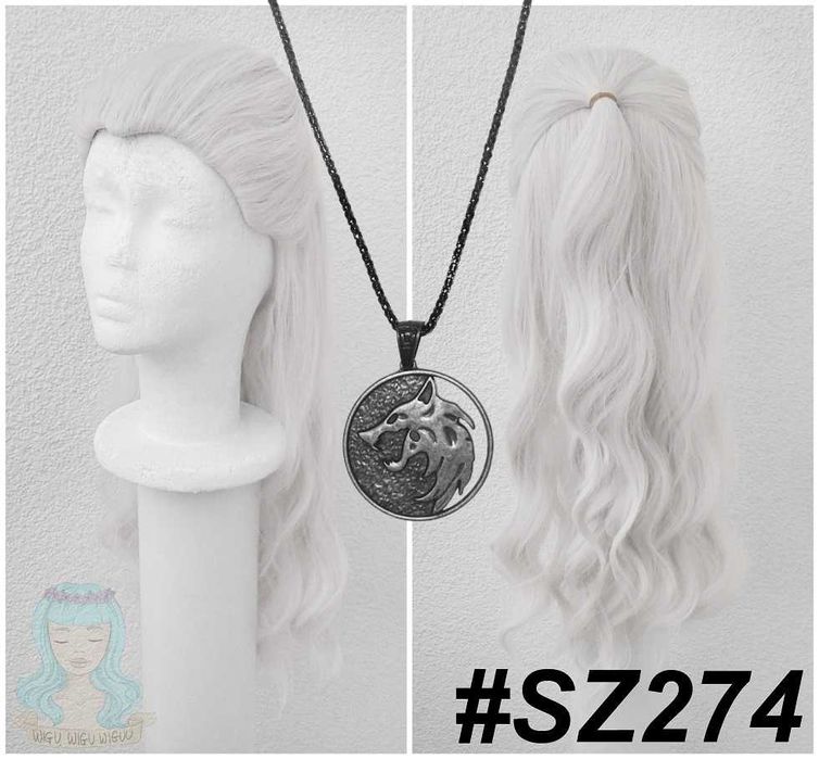 Geralt Wiedźmin szara siwa jasna długa peruka cosplay wig + łańcuch