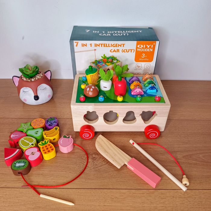 Сортер дерев'яний + каталка+ рибалка+шнурівка+ ніж і овочі на магнітах