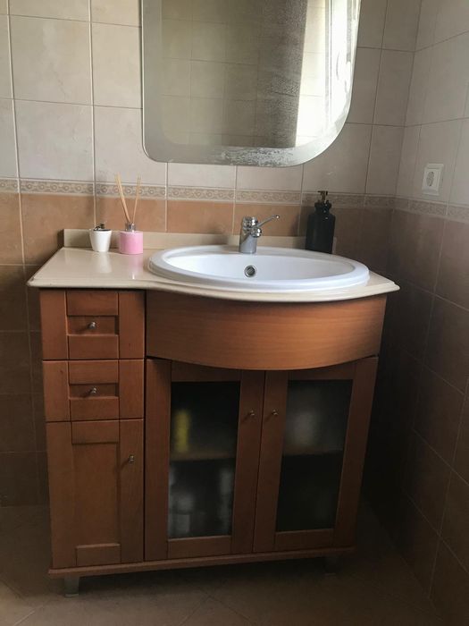 Móvel de casa de banho (WC) + lavatório + torneira + pedra + espelho