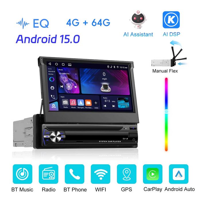 Rádio Android 15 1din Retrátil 2/64GB GPS CARPLAY Wi-Fi Bluetooth NOVO