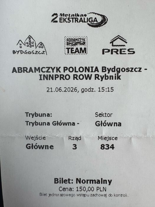 Bilet Polonia Bydgoszcz ROW Rybnik 21.06.2026