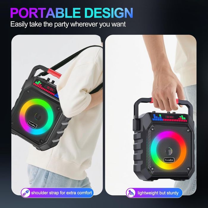 Máquina de Karaoke Portátil Bluetooth com 2 Microfones + Luzes RGB