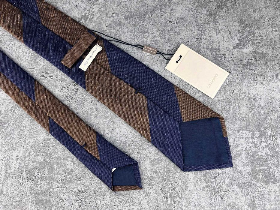 NOWY krawat szantung regimental SuitSupply granatowo-brązowy pasy tie