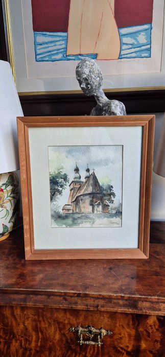 obraz akwarela ukazująca drewniany kościół w Rabce-Zdroju Sokołowski