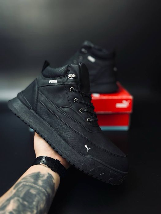 Высокие зимние кроссовки Puma/ ботинки красовки Пума черные кожанные