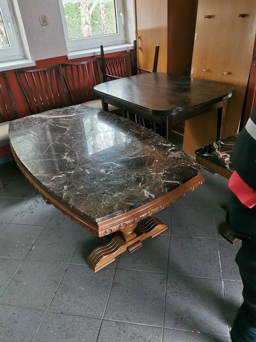 Stolik Kawowy kwadrat  półokrągły Brązowy Marmur antyk drewno stoliki