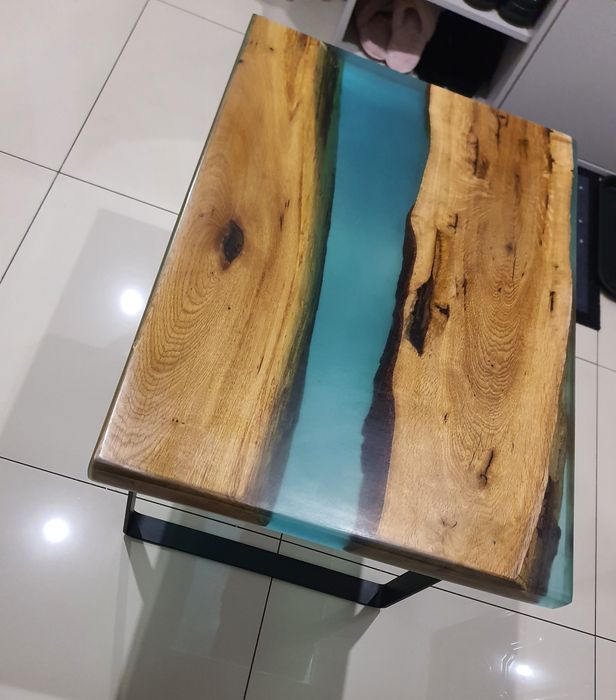 Stół z żywicy epoksydowej, 70x50x45, turkus dąb
