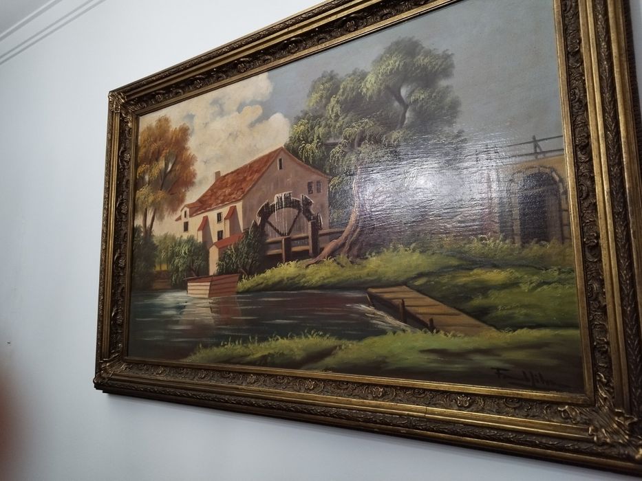 Quadro antigo de pintura a óleo sobre tela com moldura