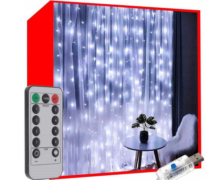 Kurtyna świetlna LED 3x3m lampki zimny biały girlanda dekoracyjna USB