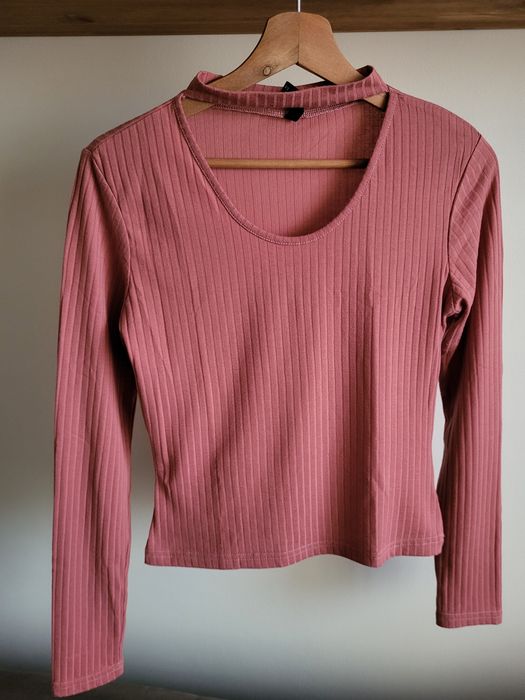 Łososiowa prążkowana bluzka z długim rękawem, rozmiar S