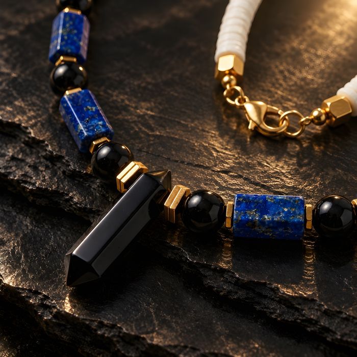 Naszyjnik męski - Lapis Lazuli, Onyks, Hematyt - stal szlachetna - PVD