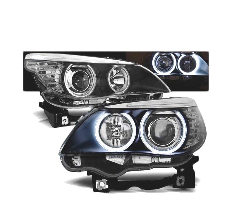 FARÓIS BMW E60 E61 03-07 ANGEL EYES CCFL BLACK PRETO