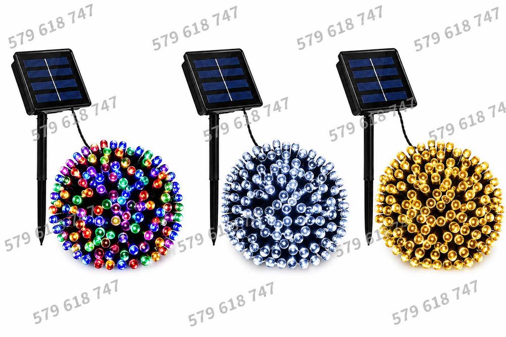 Lampki solarne 200 lub 300 LED ciepłe, zimne lub kolorowe zewnętrzne z czujnikiem 8 programów świecenia FV