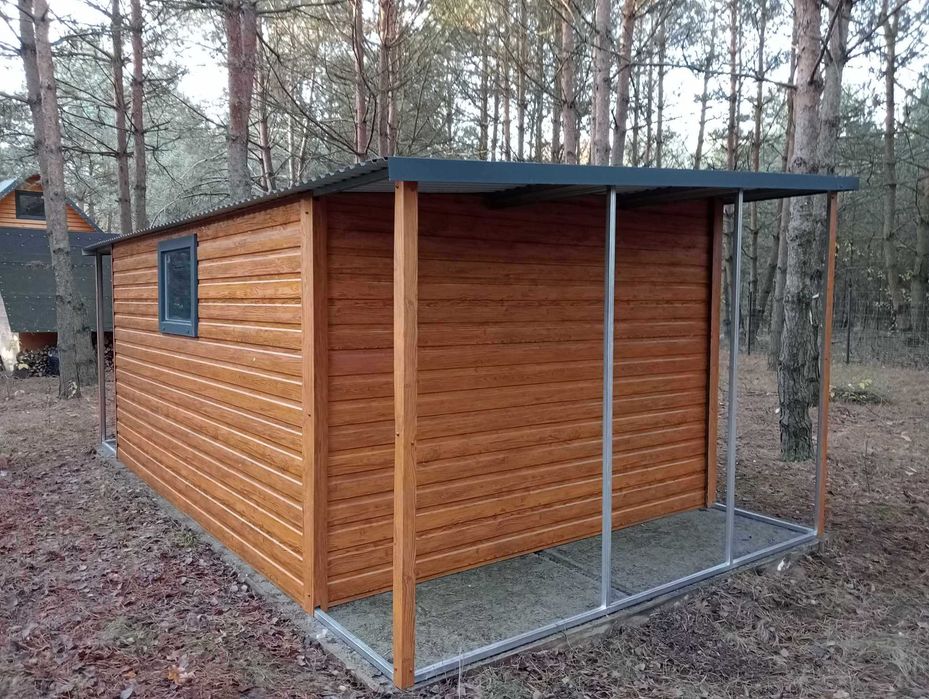 Domek ogrodowy 4x3m + wiatka 1×3 + 1×3m- złoty dąb/ ciemny grafit mat