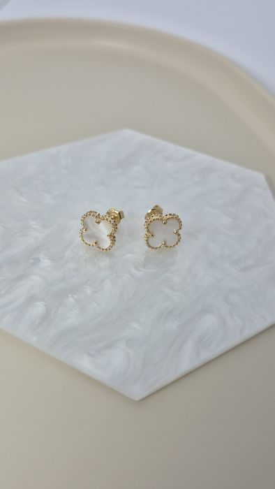 Nowe złote kolczyki typu VanCleef koniczynka masa perłowa wkręty 585