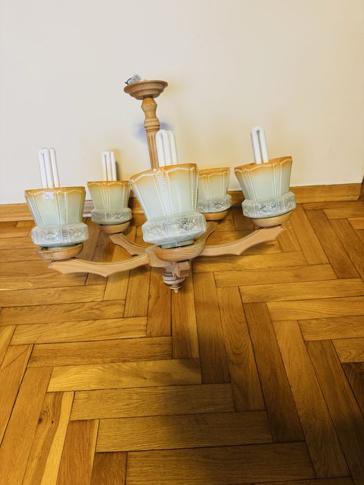 Lampa żyrandol PRL stan bdb! Drewniana 60 cm