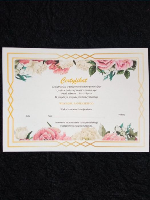 Certyfikat dla Panny Młodej z wieczoru panieńskiego