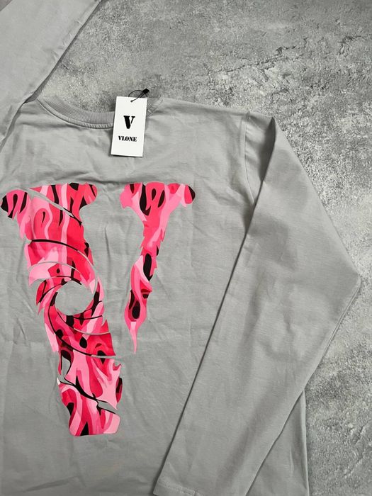 Лонгслів Vlone Oversize Grey (Сірий) з Pink Camo V-Logo