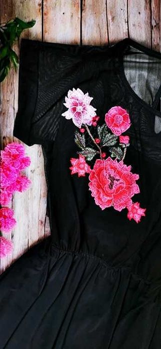 Czarna Sukienka Szyfonowa 2w1 Haftowana Kwiaty Elegancka Boho Gothic M