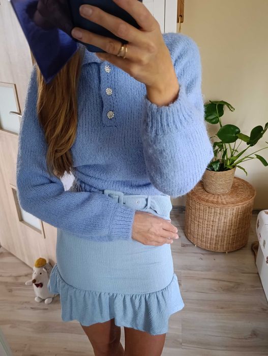 Sweter damski zdobienie guziki błękit kołnierzyk XS s jesień zima