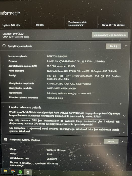Hp omen 15 16Gb ram i5 gtx1050 4gb ssd256gb hdd 1tb