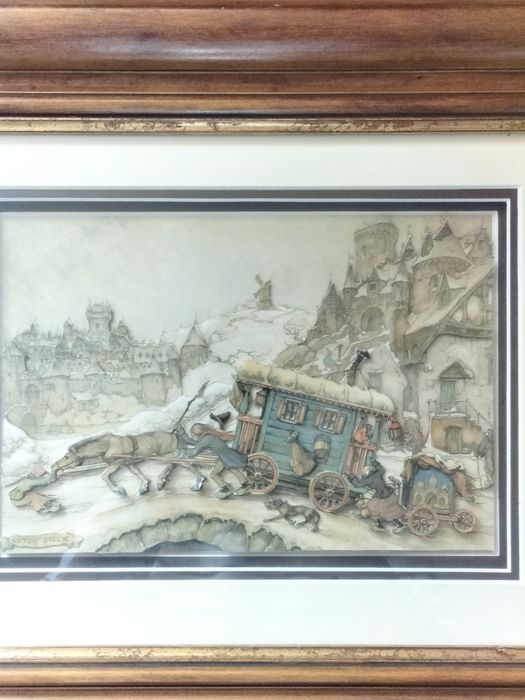 Vintage obraz 3D Anton Pieck Wóz na oblodzonym moście