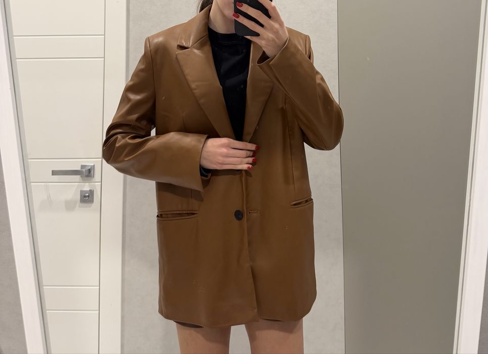 Пиджак кожанный Зара Zara коричневый
