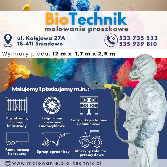 Malowanie proszkowe piaskowanie renowacja maszyn i felg Piec 12m