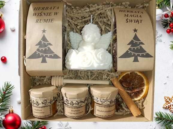 Box choinka, prezent,herbaty,miód,czerpak,świeczka sojowa anioł