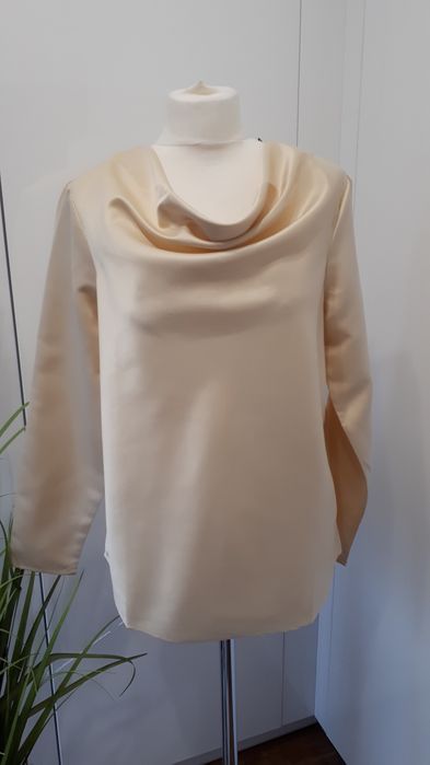 Elegancka bluzka damska satynowa z długim rękawem kremowa S/M/L