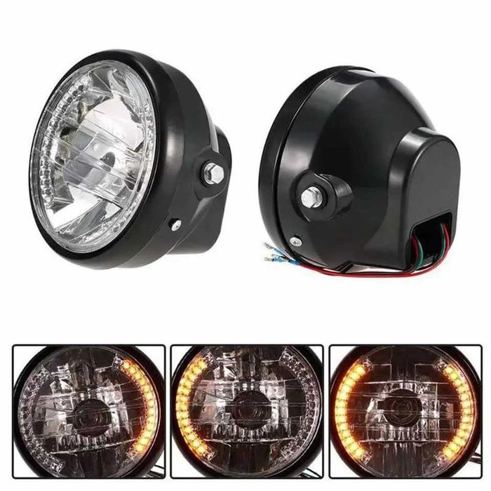 Farol frontal 7 pol lâmpada halogéno  piscas LED moto cafe racer
