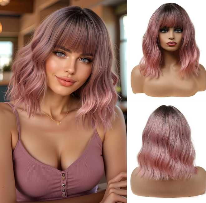 Peruka krótka falowana róż ombre bob z grzywką naturalna
