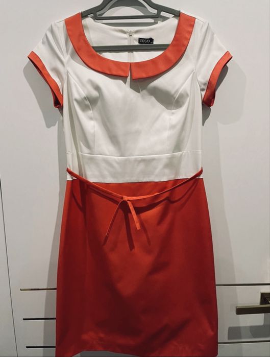 Sukienka biała z koralowym elegancka M/L