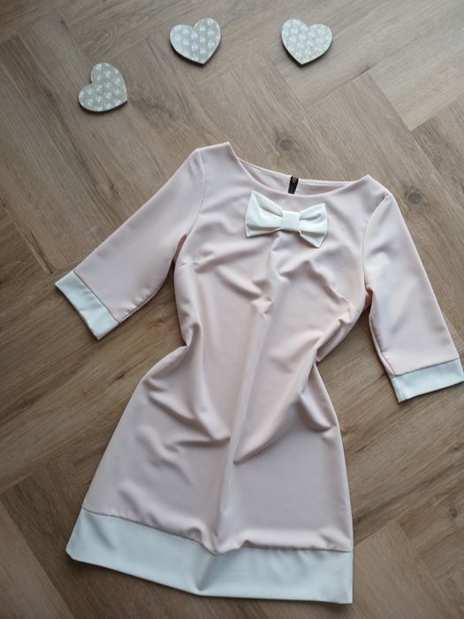 Elegancka sukienka z kokardą pudrowy róż na święta na komunię / S / 36
