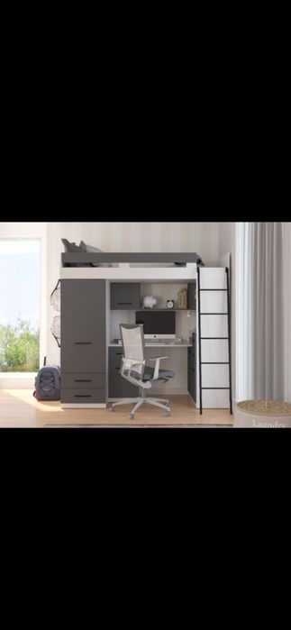 Nowe łóżko piętrowe z szafą i biurkiem
