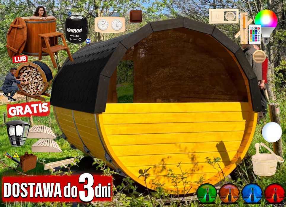 SAUNA Ogrodowa 200 cm + OKNO 50% +GRATIS Beczka / Wiata + Akcesoria