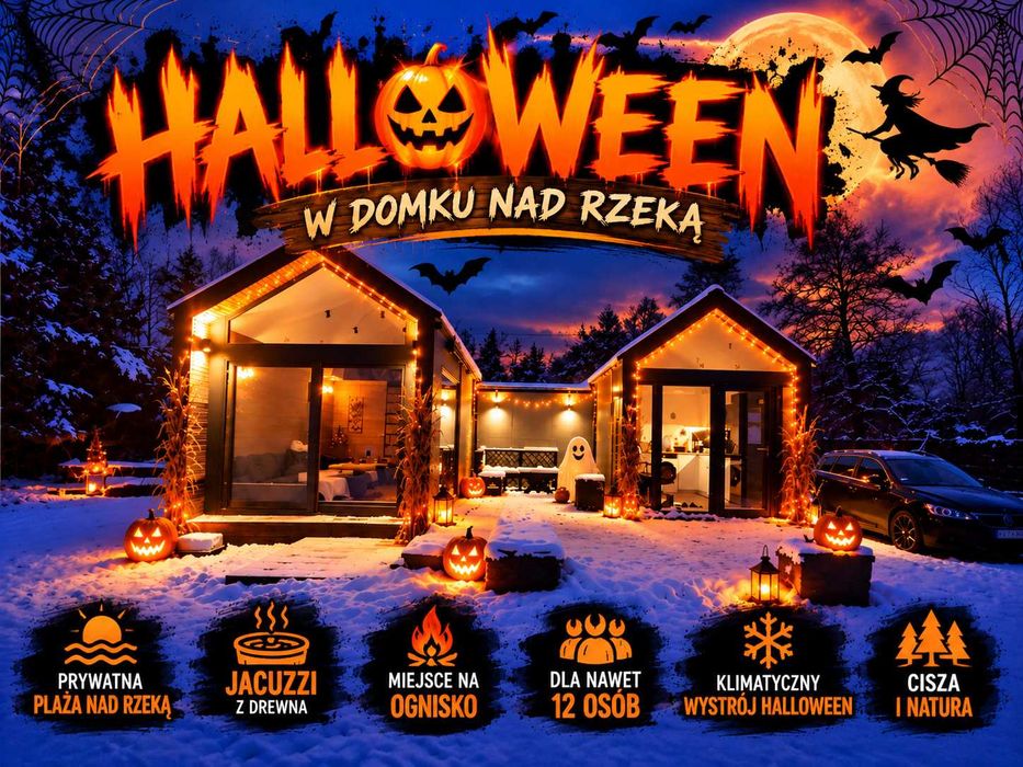 HALLOWEEN W DOMKU NAD RZEKĄ! Jacuzzi, ognisko, prywatna plaża i klimatyczny wieczór ze znajomymi! Idealne miejsce na imprezę Halloween | Wynajem domku